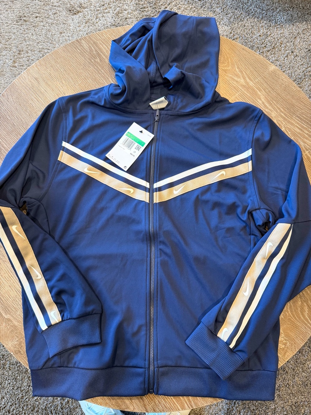 Brand New Nike Navy Hoodie with Gold and White Stripe Detail